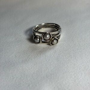 Genuine Pandora Three Wishes 3 Grey Pearl Sterling Silver Ring size 7.5